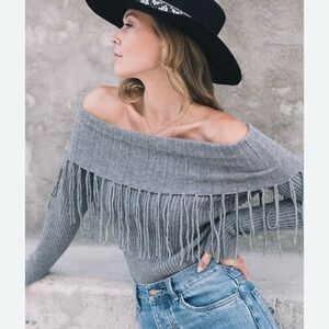 Lovestitch Sweater Medium Fringe Neck Gray Boatneck Boho Western Wild Soul Grey